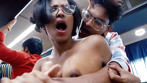 Hot brunette in sexy lingerie gets naked and fucked in public