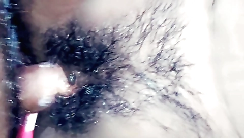 Hairy and horny girl in sexy red shorts with white shirt