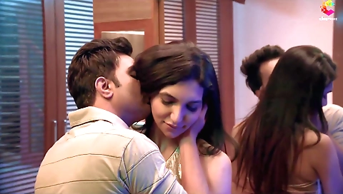 Brunette babe with a nice pair of tits enjoys being in bed