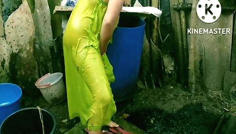 Indian milf bathed off by her boyfriend in the mud boots
