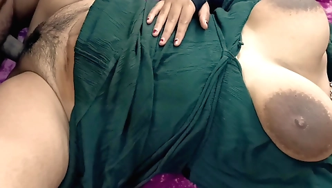 Indian brunette stepbrother plays with her big black tits