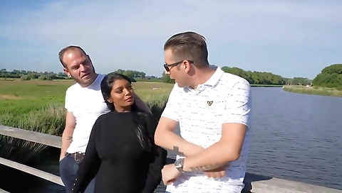 Gorgeous brunette takes his huge black cock in her ass