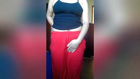 Hot amateur brunette in white blouse and red bra in the kitchen