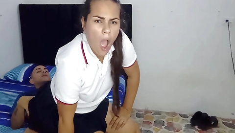 Amateur brunette with a big natural ass rides her stepfather's cock