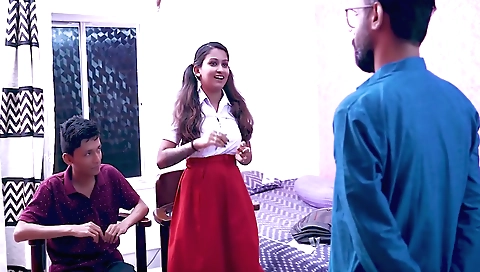 Hot indian babe gives a blowjob and rides on two guys