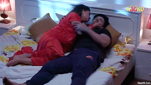 Horny brunette girl in the bed with her stepbrother